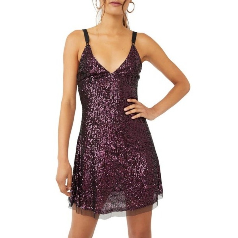 Free People Gold Rush Sequined Mini Dress Plum Combo Purple Sequin Slip Small